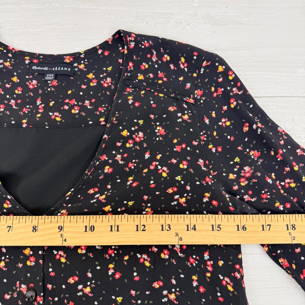 Madewell et‎ Sezane Elly Silk Mini Dress XXS Black Floral Print V Neck Parisian - Picture 10 of 14